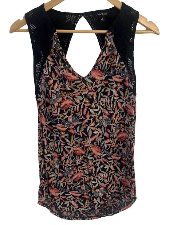 Lucky Brand Lace Sleeveless Tank Top - Navy with Pink & Coral Floral | Size M - Picture 1 of 8